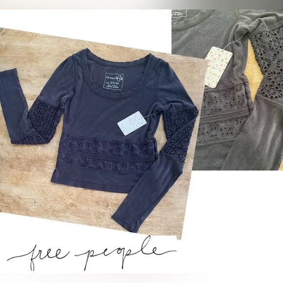 NWT Free People We The Free Women’s XS Black Fitted Crop Long Sleeve Top‎