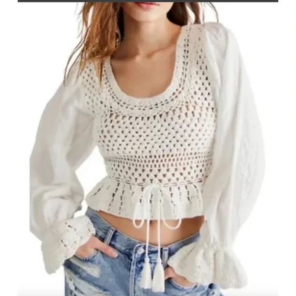 Free‎ People Megan Crochet Open Back Long Sleeve Eyelet Crop Top Ivory Sz S Boho