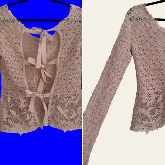 Free People Boho Open Knit Crochet Lace Flounce Tie Open Back XS Top Pink EUC