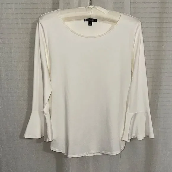 J.Crew M White Cotton Round Neck Quarter Bell Flare Sleeve Top
