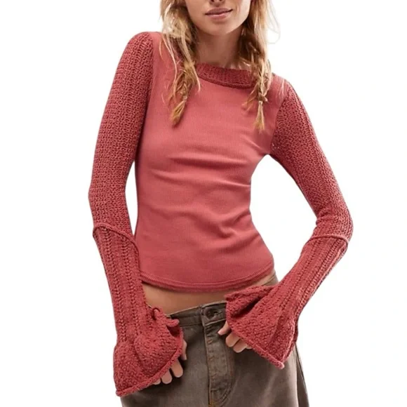 Free People Cuffing Season Crochet Bell Sleeve Ribbed Knit Top in Dusty Cedar S