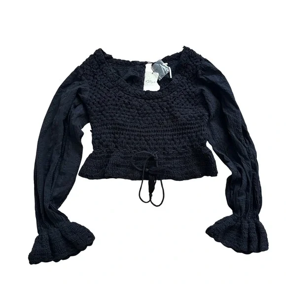 Free People Black Crochet Peplum Crop Top Long Sleeve OB1486571 XS NEW