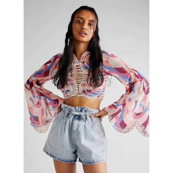 New Free People 'Eyes On You' Confetti Eyelet Mesh Cropped Bell Sleeve Top Small