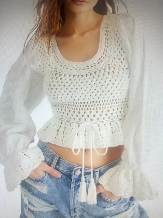Free People Megan Crochet Ivory Scoop Neck Ruffle Hem Tie Keyhole Back Top NWT
