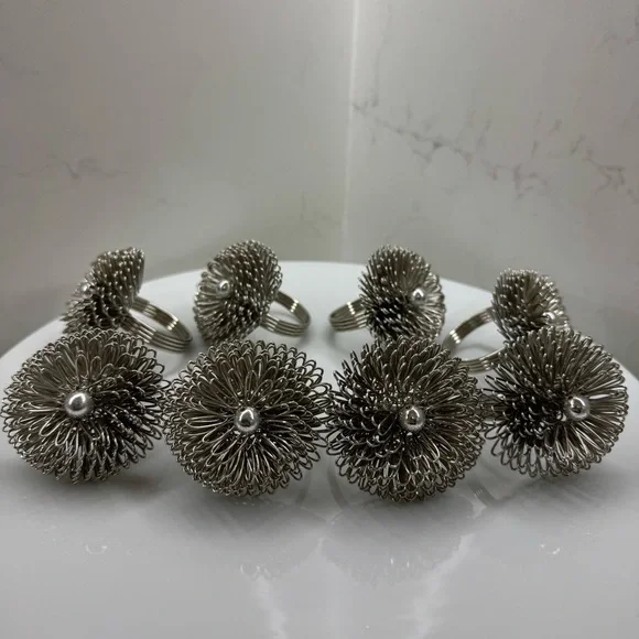 Elegant Silver Wire Pom Pom Napkin Rings Set of 8