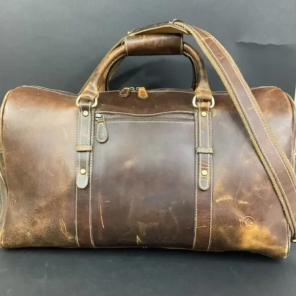 Aaron Leather Goods Duffle Bag Weekender Brown Arezzo Buffalo w/Shoulder Strap