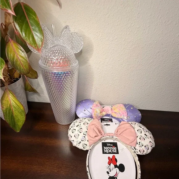 Disney Minnie Mouse textured Silver/Clear Tumblr and 2 Minnie Ears