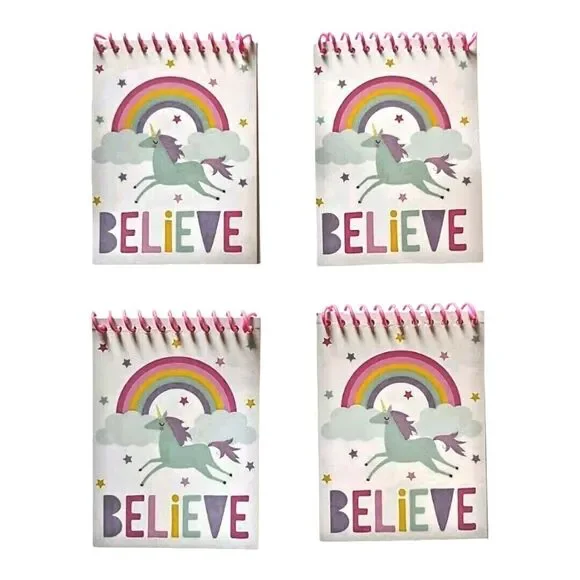 Lot of 4 Mini Spiral Paper Notebooks Party Favors Believe Unicorn Rainbow Stars