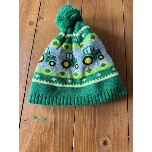 John Deere‎ Green Tractor Knit Beanie Toddler Fleece Lined Pom Pom Hat Winter