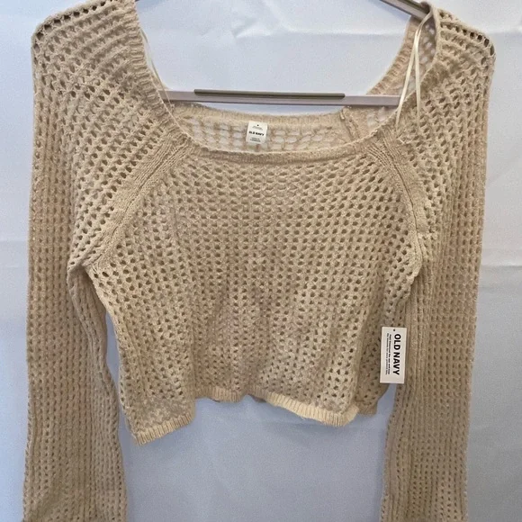 Old Navy Crochet Crop Sweater Small Cream Open Knit Boho Beachy NWT
