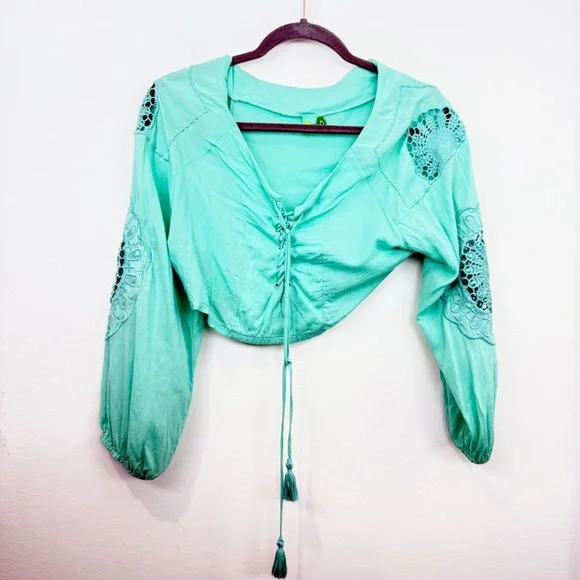 Farm Rio Turquoise Crochet Detail Long Sleeve Crop Top Size P