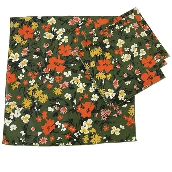 Lot of 4 Linen Napkins Green Floral Cloth 16.5