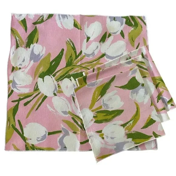 Lot of 4 Linen Napkins Pink Tulips Floral Cloth 16