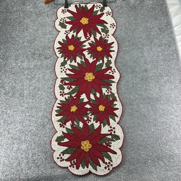 Vintage Beaded Table Runner Christmas Winter Holiday Poinsettia Flower Decor Red