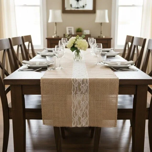 Celebrate Burlap Table Runner With Lace 12 In X 8 Ft Beige & White Rustic Weddin