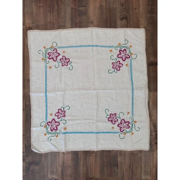 Vintage Cross-Stitch Square Floral Tablecloth 34