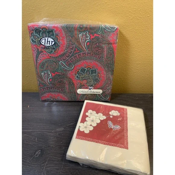 Vintage Hallmark Beverage Size & IHR Lunch Napkins Floral Red Colorful Set
