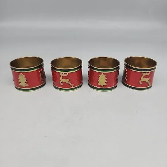 Pier 1 4 Napkins & Rings Christmas Reindeer Trees Enamel On Metal Red Green