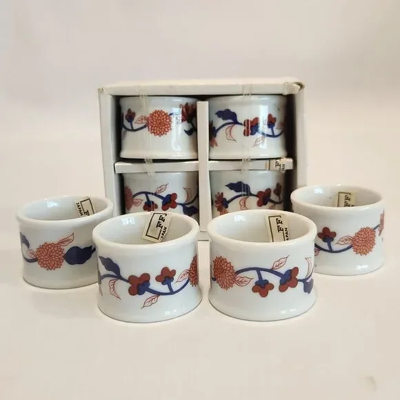 NOS Fitz &‎ Floyd Mandarin Garden Napkin Rings Floral Set Of 8