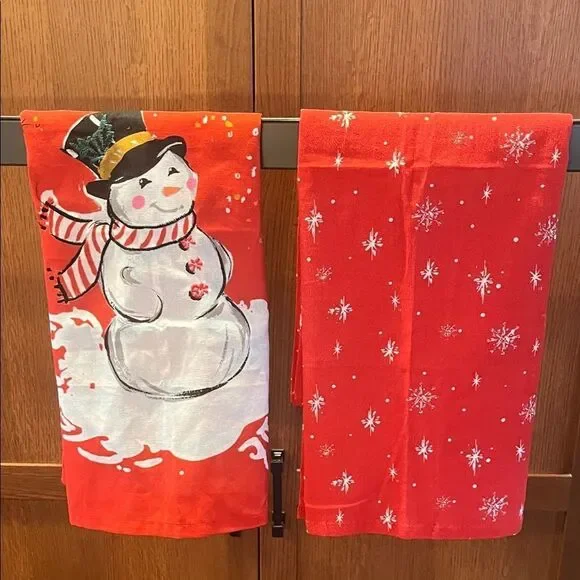 Sur La Table Red & White Kitchen Towels Embroidered Snowman & Snowflakes NWOT