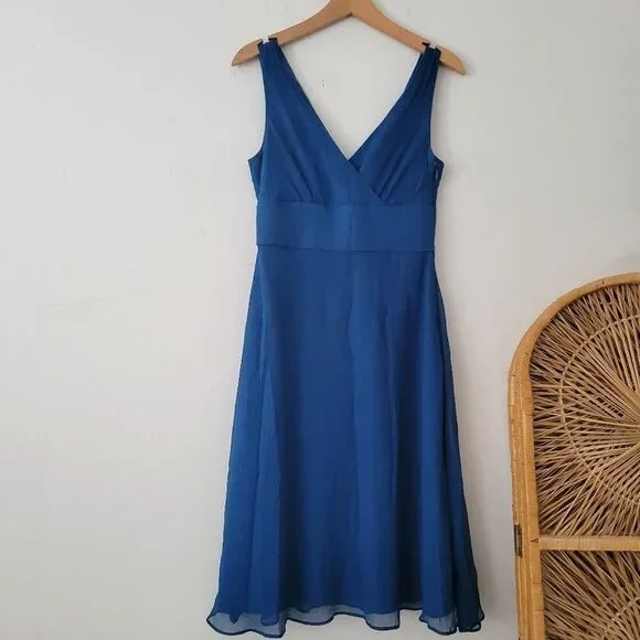 J. Crew 100% Crepe Silk Dress Blue 4 Sleeveless Fit Flare V-Neck