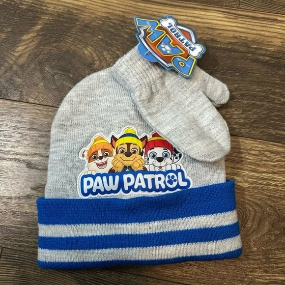 Toddler Paw Patrol Stocking Cap & Mittens Pom Pom Beanie Rubble Zuma Marshall