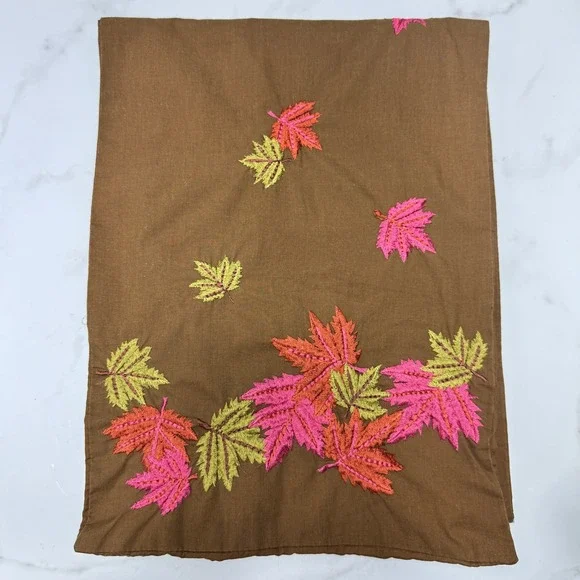 Embroidered Table Runner Brown‎ Pink Green Autumn Fall Leaves Thanksgiving Decor