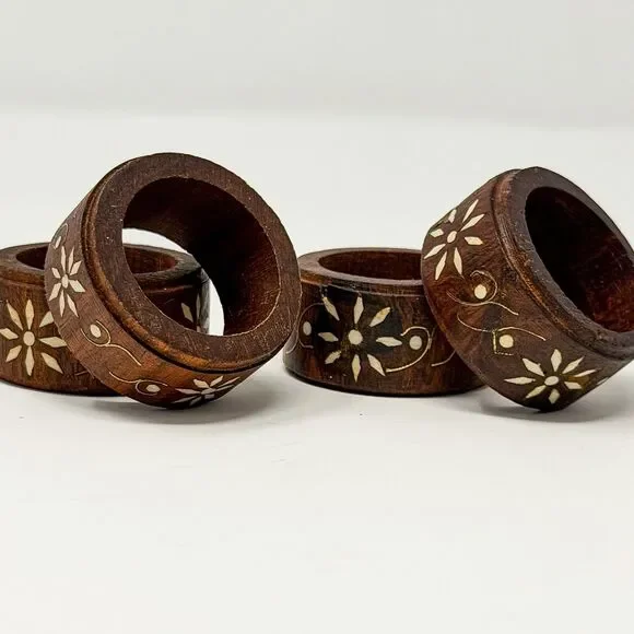 Vintage Wooden Flower Inlay Made In India Napkin Rings Set Of Four