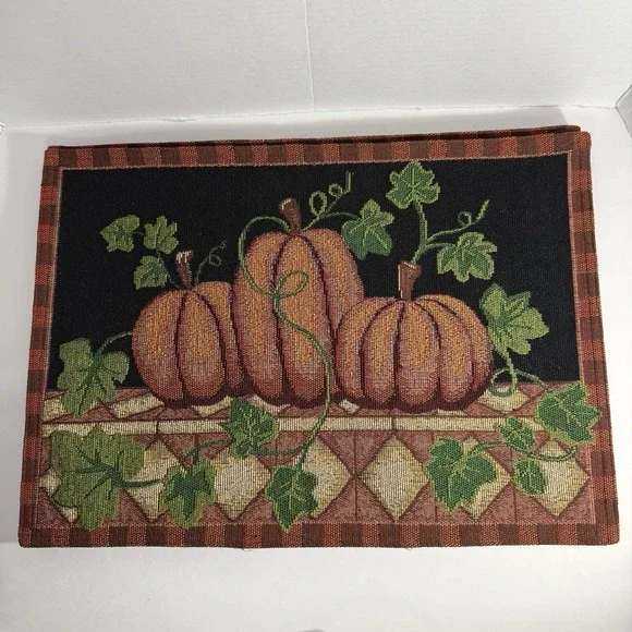 Vintage Tapestry Placemats Pumpkins Leaves Thanksgiving Fall‎ Set Of 4
