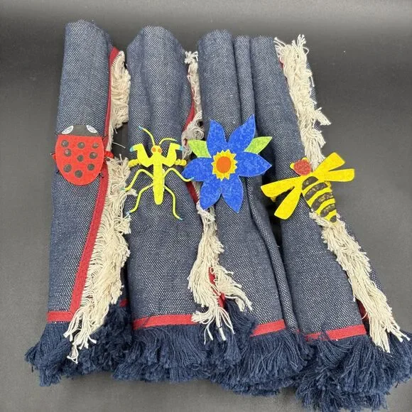 Set Of 4 Denim William Yeoward Napkins and Crate & Barrel Bug Napkin Rings