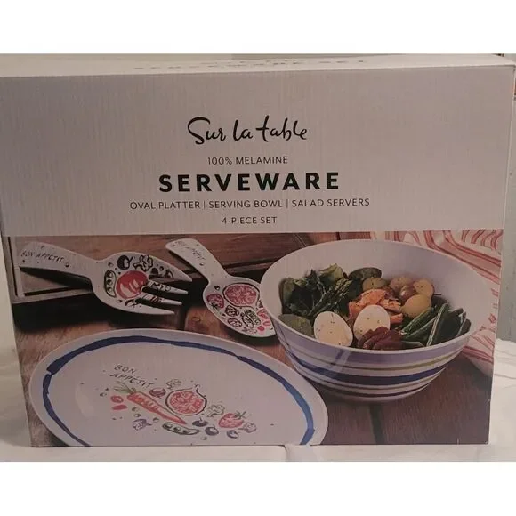 NEW Sur La Table 4-Pc. Melamine Serving Set, Oval‎ Platter, Bowl, Salad Servers