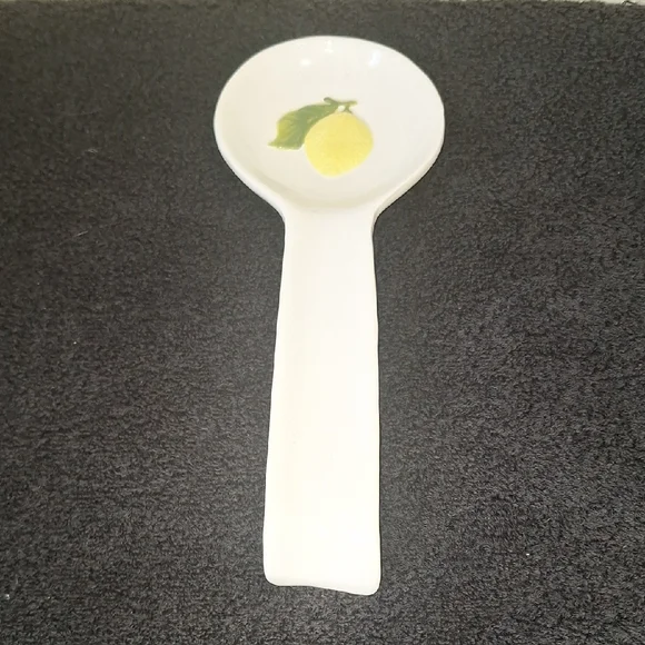 Sur La Table White Ceramic Spoon Rest with Lemon Motif