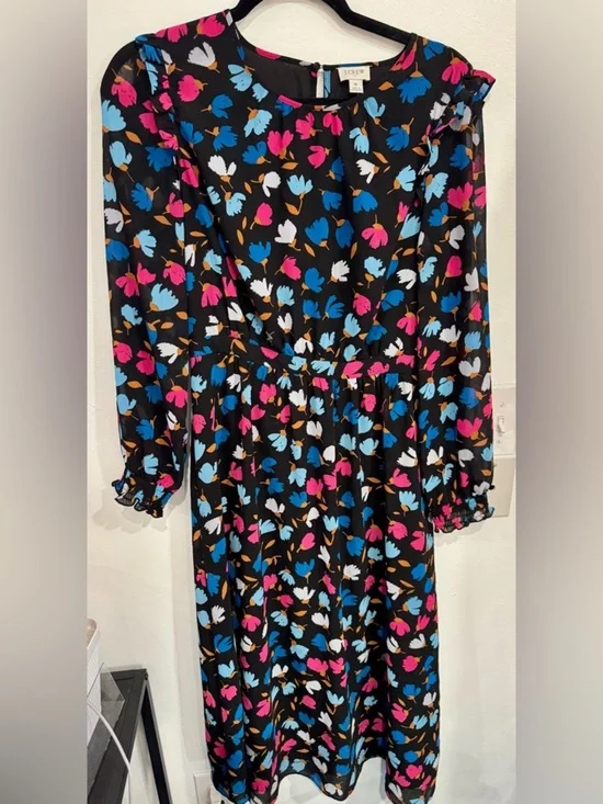 J. Crew Black Floral Print Long Sleeve Dress in Blue, Pink, White