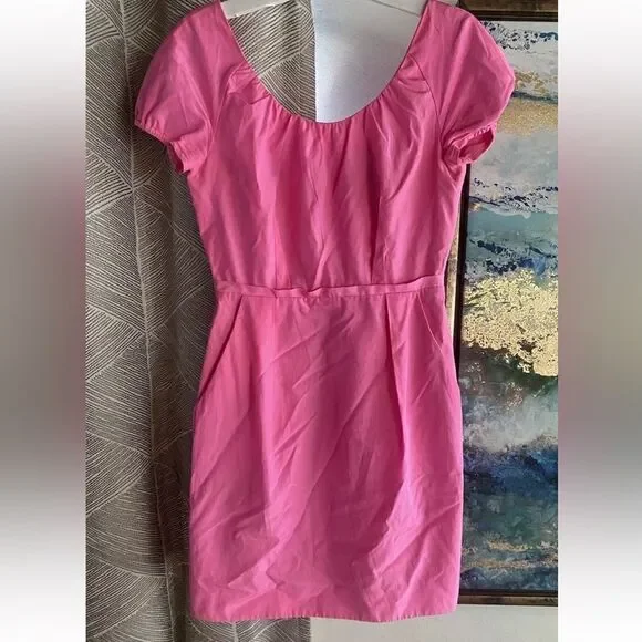 J. Crew Mini Dress women Sz 2  hot Pink Cap Sleeve Pockets
