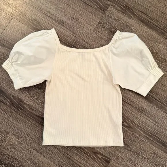 J. Crew Vintage rib top with cotton poplin puff sleeves