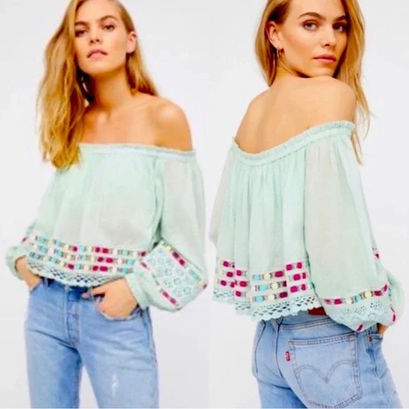 FREE PEOPLE Wander the Unknown Mint Green Off-the-Shoulder Crochet Cropped Top