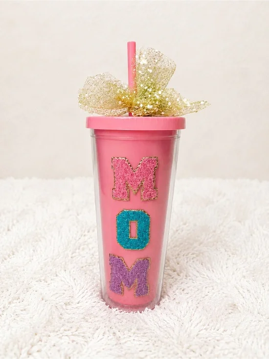 Pink 'MOM' Glitter Tumbler with Gold Bow
