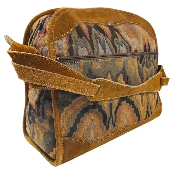 Vintage NEIMAN MARCUS Travel Bag Brown Suede Tapestry Geometric Oversize Padlock