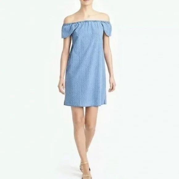 J. Crew Indigo Dobby Off-The-Shoulder‎ Dress Size 0 NWT
