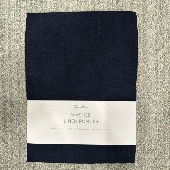 NWT Sur La Table washed linen runner, navy, 16” x 108”