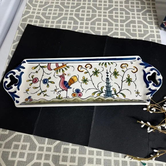Sur la Table Appetizer Tray‎ w/ Handles Portugal Stylized Foliage Folk Artsy