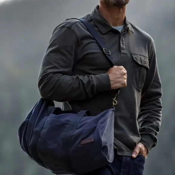 Navy Blue Barrel Bag Men's Cotton Adjustable Shoulder Strap Gym Travel