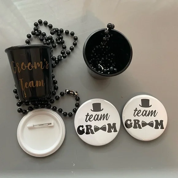 Bachelor party Groom's Team Black Shot Glass Necklace sunglasses Button
