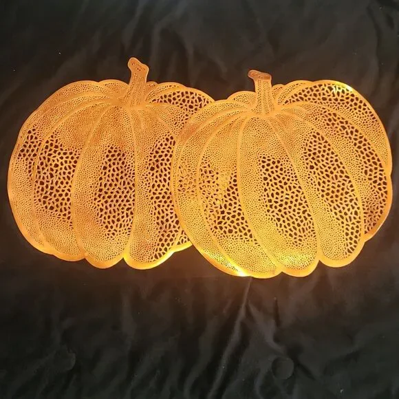Pumpkin Shaped Orange Plastic Placemats Set of 2 Fall Halloween Table Decor