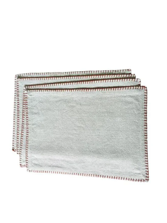 Vintage Hand-Stitched Cotton Placemats With Red Embroidery Edging, Set Of 4