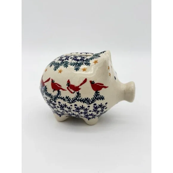 Boleslawiec Polish Art Pottery Hand Painted Cardinal Snow Flakes Piggy Bank