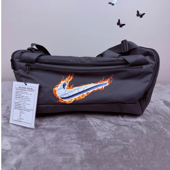 Nike Brasilia Small Duffel Bag Iron Grey Flame Swoosh DQ4479-068 Sample