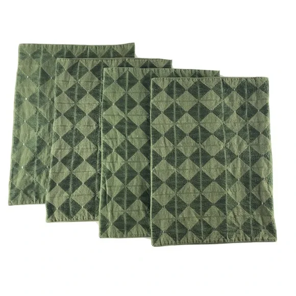 Crate & Barrel Set Of 4 Rectangle Cotton Placemats‎ Green Silver Diamond Pattern