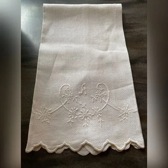 Vintage Table Runner White Embroidered Monogram A 29 X 18” Grandmacore