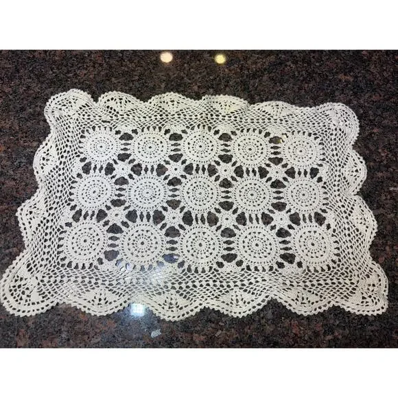 Vintage Handmade Crochet Rectangle Doily Cream 17